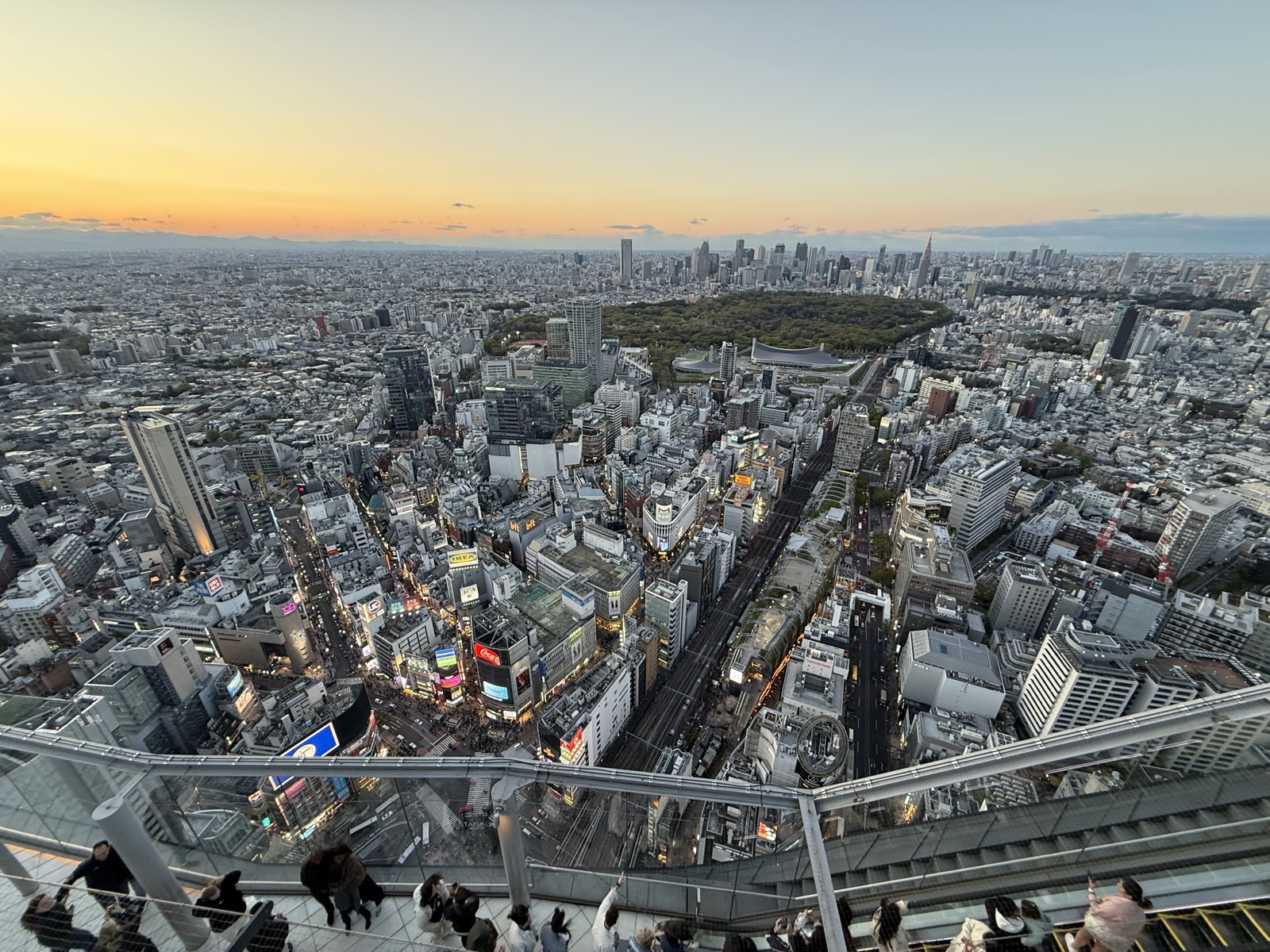 Sunset view of Tokyo from the open-air observation deck at Shibuya Sky